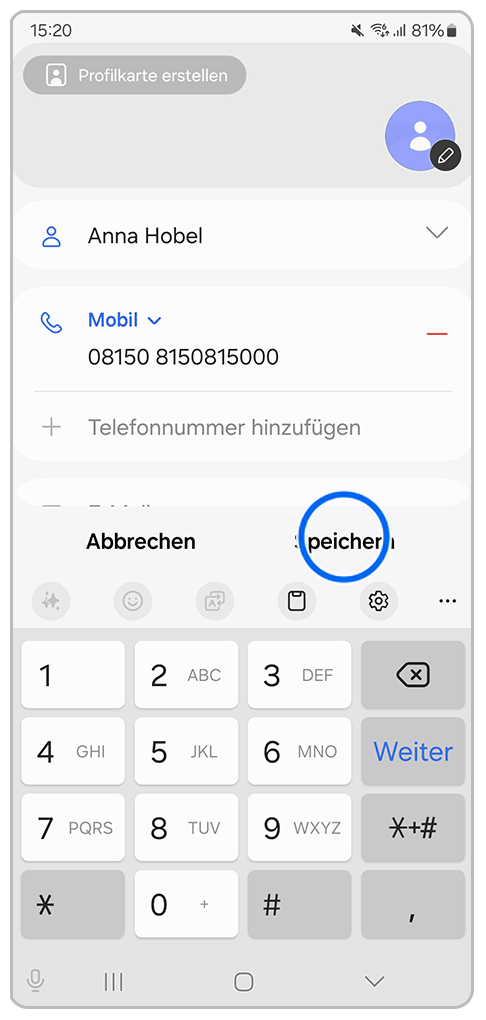 Galaxy Smartphone Kontakt mit Markierung auf Speichern