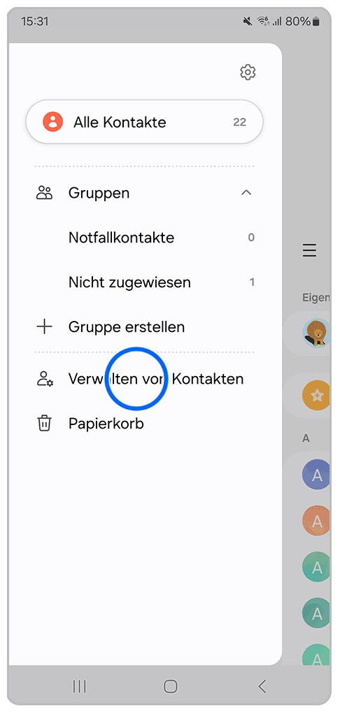 Galaxy Smartphone Kontakte  Menü mit Markierung auf Verwalten von Kontaktdaten