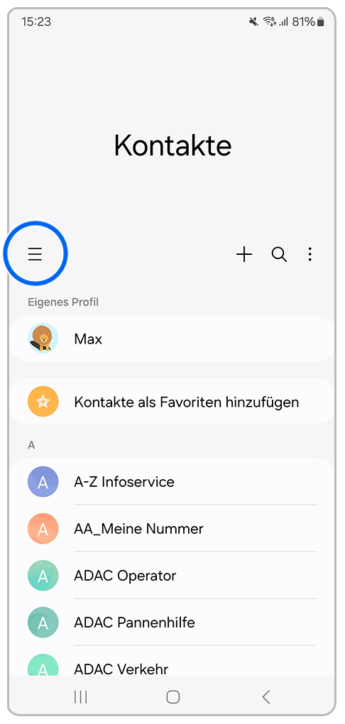 Galaxy Smartphone Kontakte mit Markierung auf Menü-Symbol