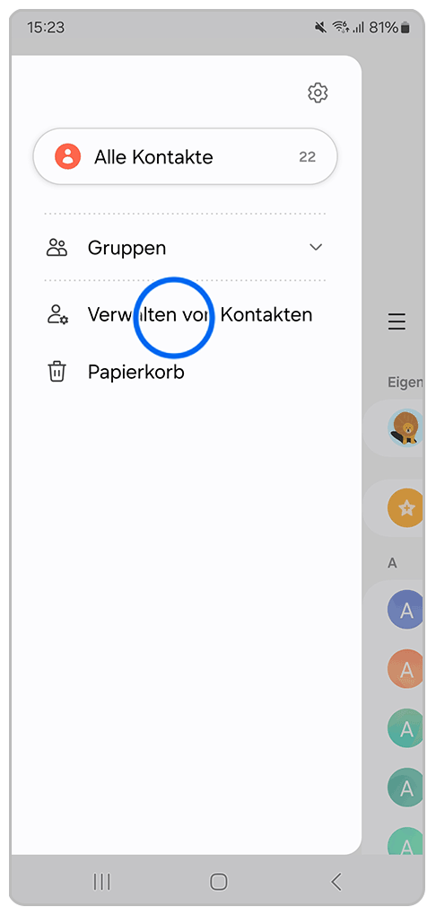 Galaxy Smartphone Kontaktemenü mit Markierung auf Verwalten von Kontaktdaten