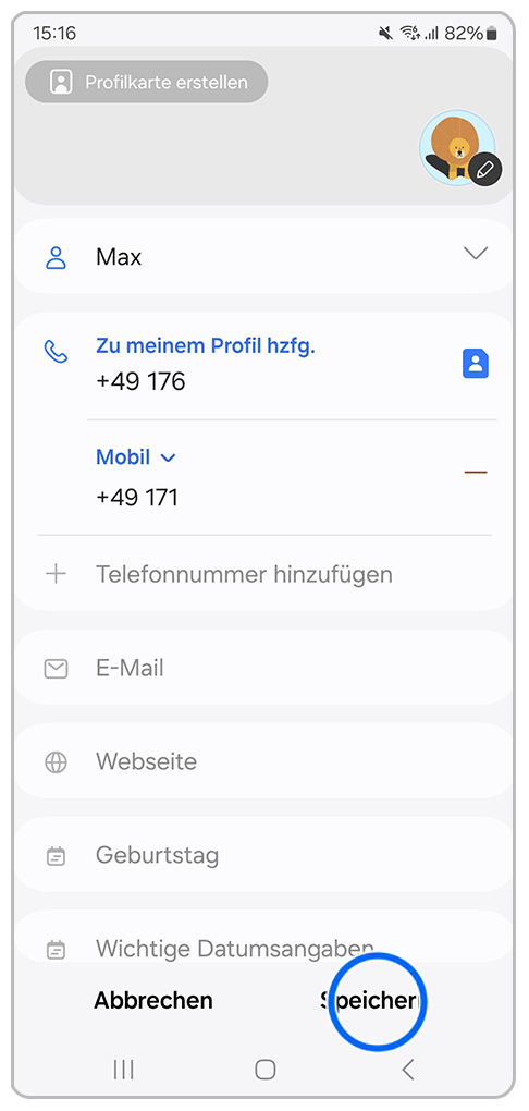Galaxy Smartphone Kontakte Profil mit Markierung auf Speichern