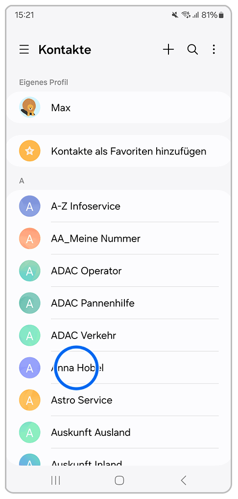 Galaxy Smartphone Kontakte mit Markierung auf Anna Hobel