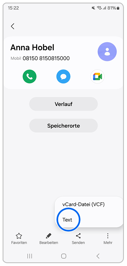 Galaxy Smartphone Kontakt versenden mit Markierung auf Text