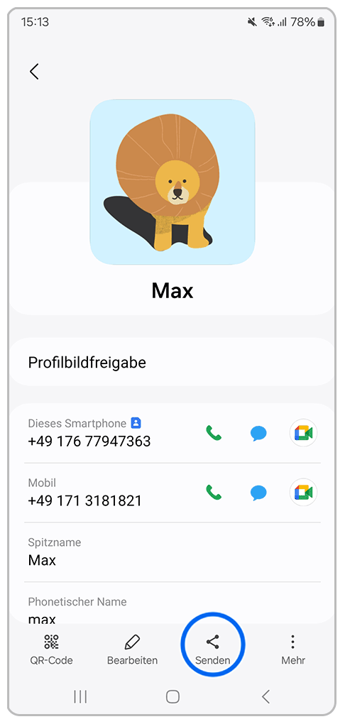 Galaxy Smartphone Eigener Kontakt mit Markierung auf Senden