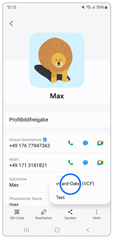 Galaxy Smartphone Eigener Kontakt mit Markierung auf vCard-Datei (VCF)