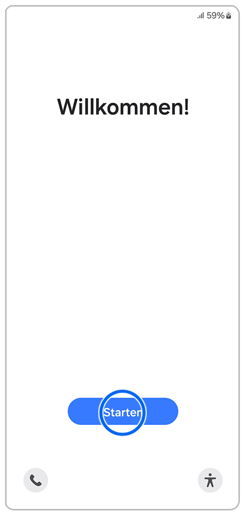 Galaxy Smartphone Ersteinrichtung mit einer Markierung auf Starten.