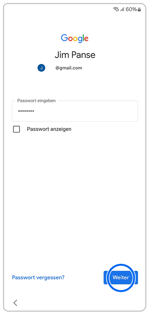 Galaxy Smartphone Ersteinrichtung Google-Konto mit einer Markierung auf Weiter