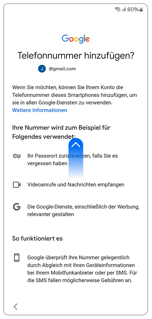 Galaxy Smartphone Ersteinrichtung Google-Konto Telefonnummer hinzufügen mit einer Markierung zum nach oben scrollen