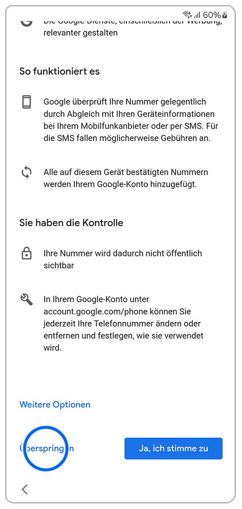 Galaxy Smartphone Ersteinrichtung Google-Konto Telefonnummer hinzufügen mit einer Markierung auf Überspringen