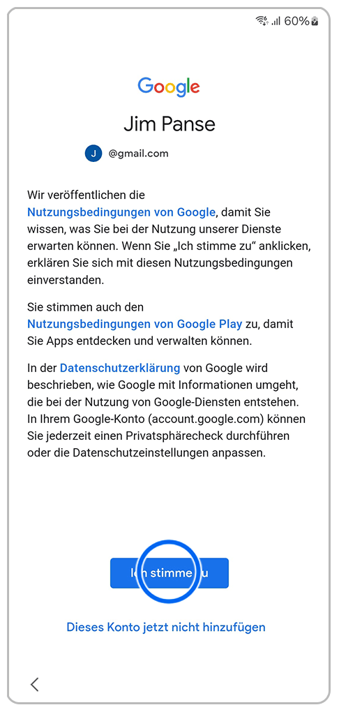 Galaxy Smartphone Ersteinrichtung Google-Konto mit einer Markierung auf Ich stimme zu