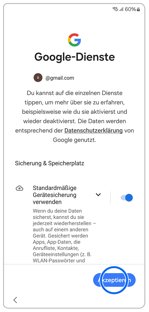 Galaxy Smartphone Ersteinrichtung Google-Dienste mit einer Markierung auf Akzeptieren