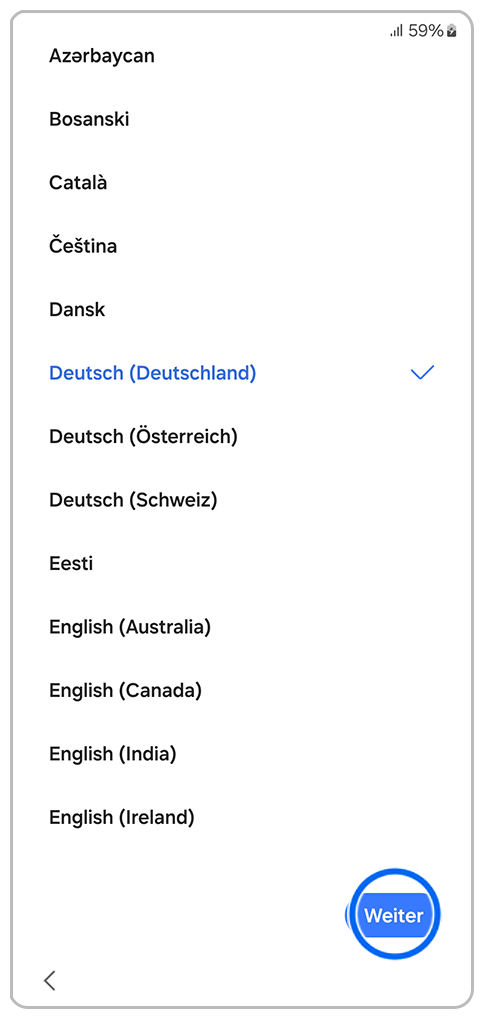 Galaxy Smartphone Ersteinrichtung Sprache mit einer Markierung auf Weiter