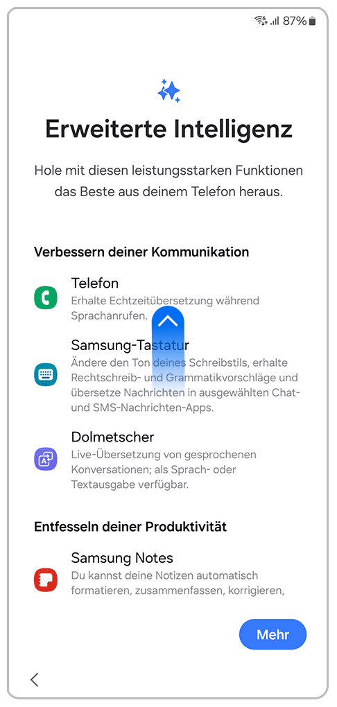Galaxy Smartphone Ersteinrichtung erweiterete Funktionen mit einer Markierung zum nach oben scrollen