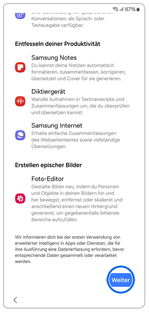 Galaxy Smartphone Ersteinrichtung erweiterte Funktionen mit einer Markierung auf  Weiter