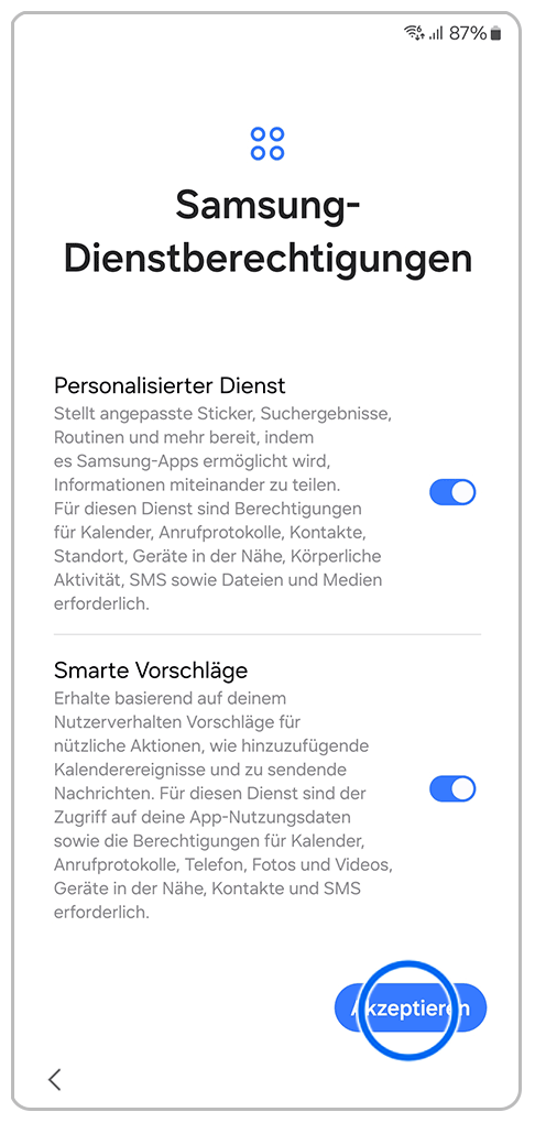 Galaxy Smartphone Ersteinrichtung Dienstberechtigungen mit einer Markierung auf Akzeptieren