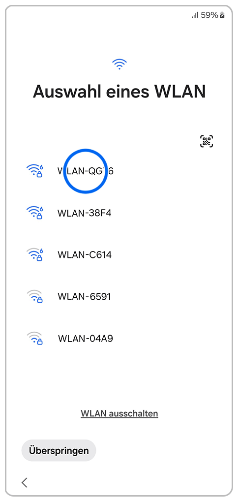 Galaxy Smartphone Ersteinrichtung WLAN mit einer Markierung auf WLAN-QG16