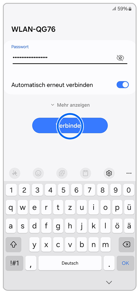 Galaxy Smartphone Ersteinrichtung WLAN mit einer Markierung auf Verbinden