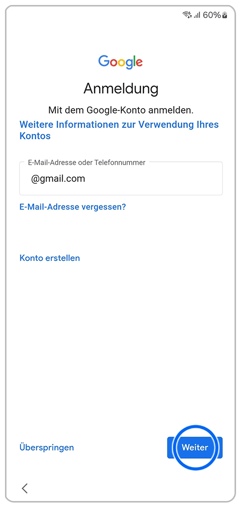Galaxy Smartphone Ersteinrichtung Google-Konto mit einer Markierung auf Weiter