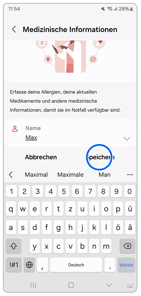 Galaxy Smartphone Medizinische Information mit Markierung auf Speichern
