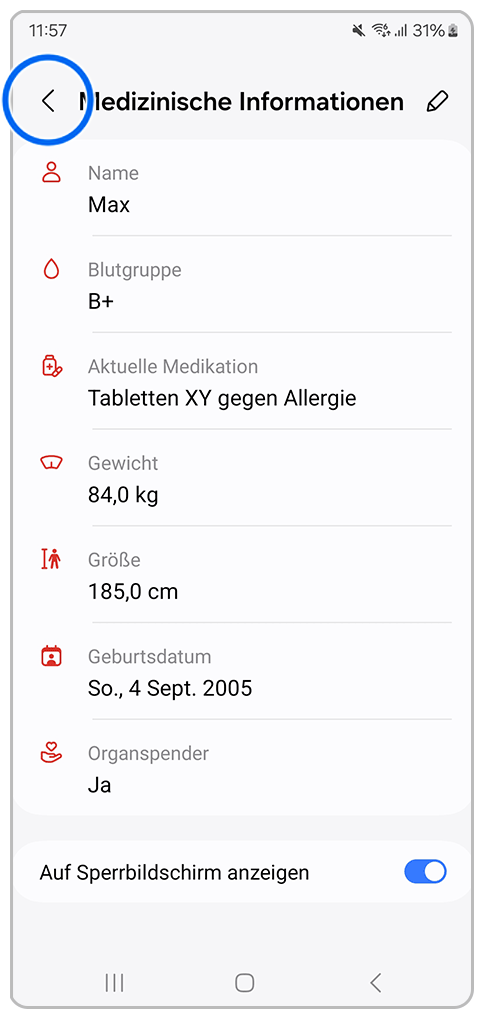Galaxy Smartphone Medizinische Informationen mit Markierung auf Zurück-Symbol