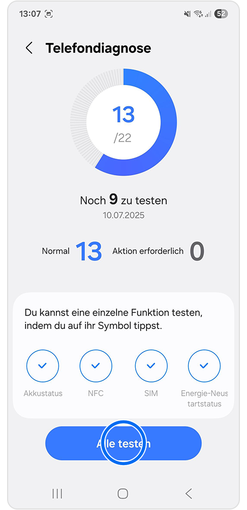 Telefondiagnose mit den verschiedenen Funktionen zum testen.