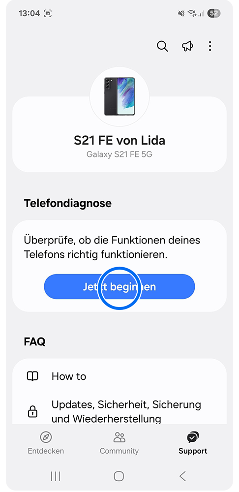 Telefondiagnose wird gestartet, indem auf Jetzt beginnen getippt wird.