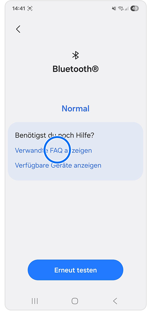 Bluetooth wurde getestet und zeigt dir zur Hilfe Verwandte FAQs an.