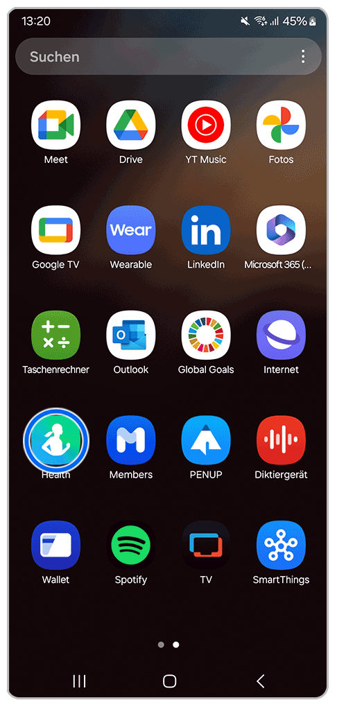 Galaxy Smartphone App-Bildschirm mit Markierung auf Samsung Health-Symbol