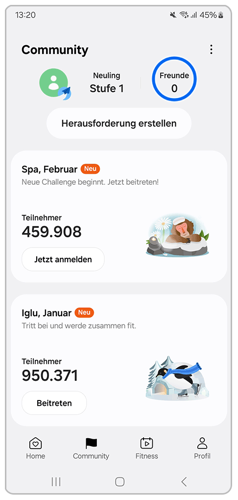 Galaxy Smartphone Samsung Health mit Markierung auf Freunde