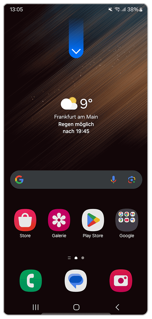 Galaxy Smartphone Startseite mit Markierung zum Runterziehen