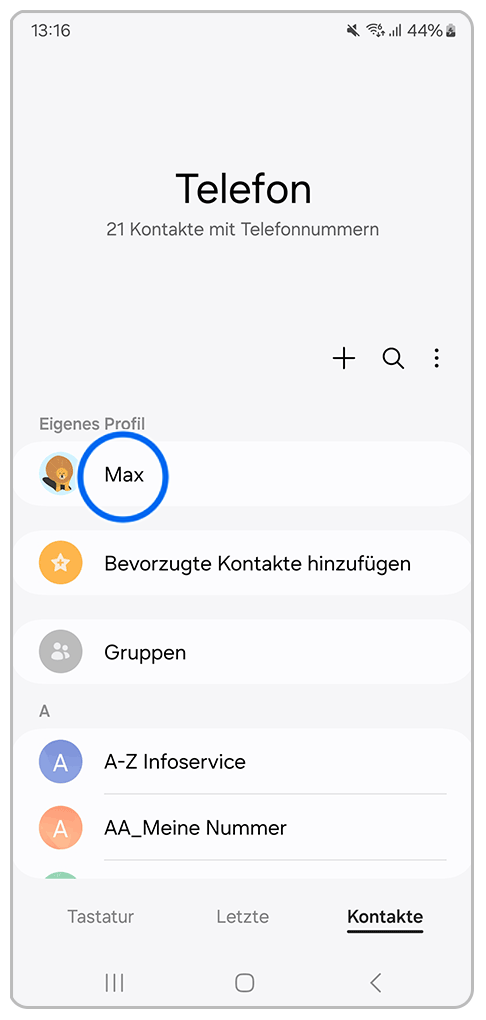 Galaxy Smartphone Kontakte mit Markierung auf Max