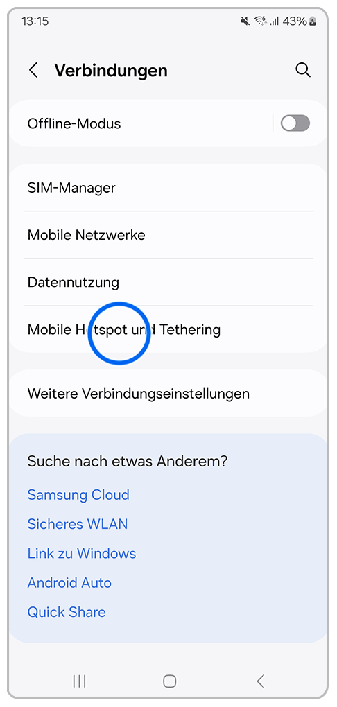 Galaxy Smartphone Verbindungen mit Markierung auf Mobile Hotspot und Tethering