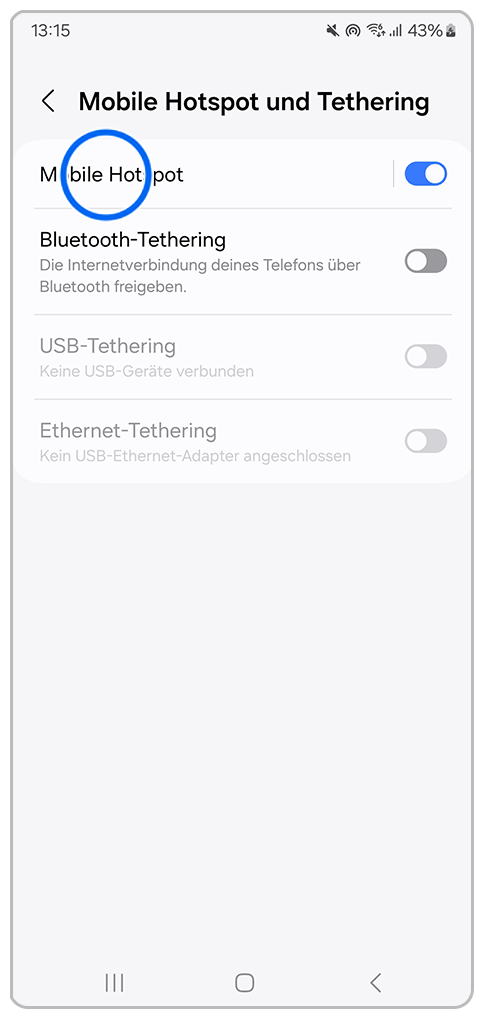 Galaxy Smartphone Mobile Hotspot und Tethering mit Markierung auf Mobile Hotspot