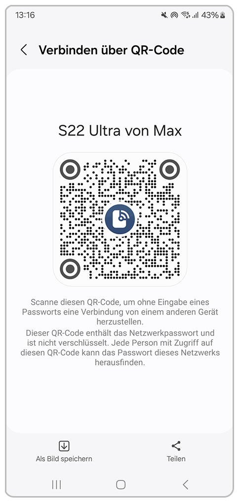 Galaxy Smartphone Mobile Hotspot angezeigter QR-Code