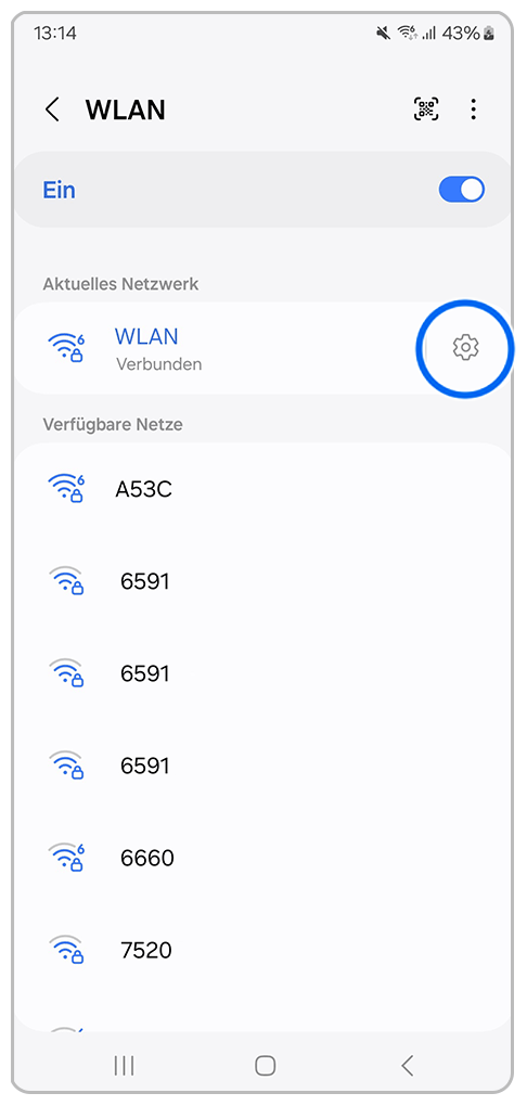 Galaxy Smartphone WLAN mit Markierung auf Einstellungen-Symbol
