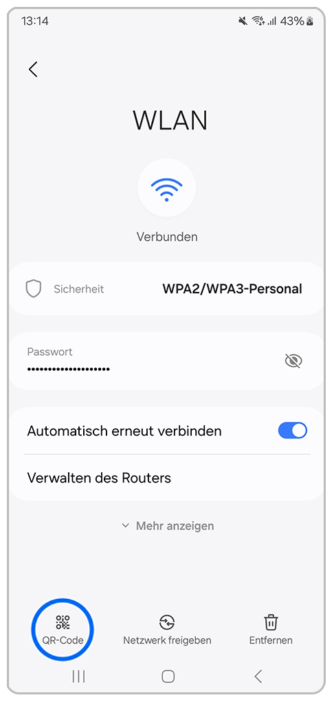 Galaxy Smartphone WLAN mit Markierung auf QR-Code