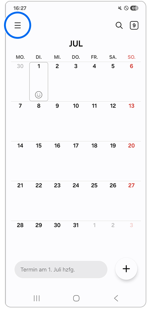 Kalender-App mit Markierung auf das Menü-Symbol (drei vertikale Striche)