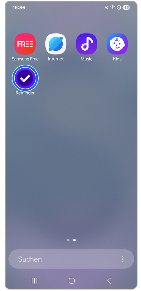 Bild vom App Bildschirm mit der Reminder App