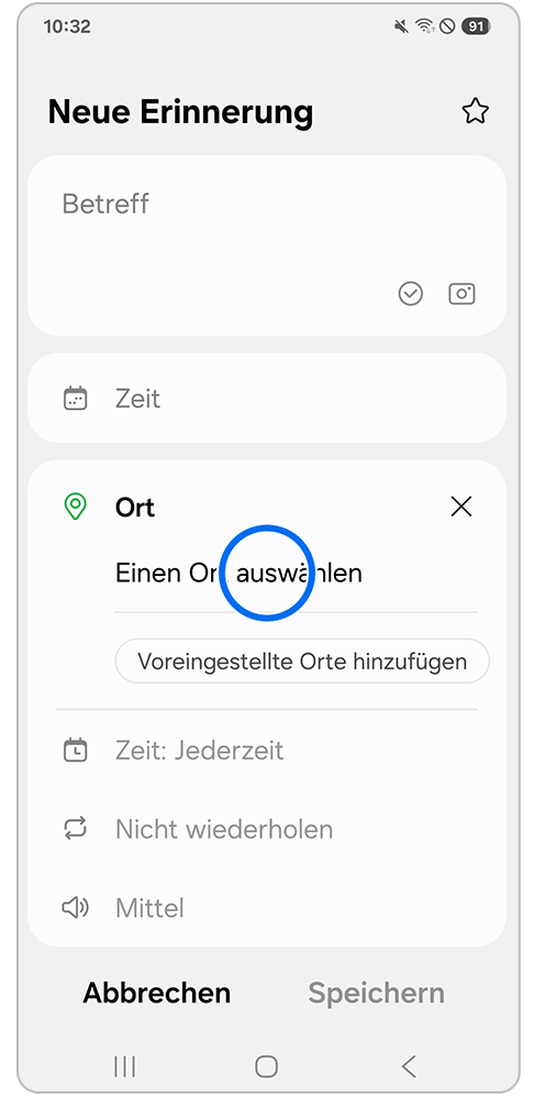 Reminder App mit neue Erinnerung einrichten mit Markierung auf Einen Ort auswählen