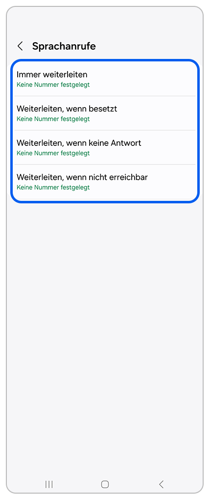 Einstellungen für Rufumleitungen bei Sprachanrufe: Immer weiterleiten Weiterleiten, wenn besetzt Weiterleiten, wenn keine Antwort Weiterleiten, wenn nicht erreichbar