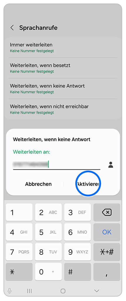 Sprachanrufe umleiten mit Eingabe einer zensierten Telefonnummer und Markierung auf Aktivieren
