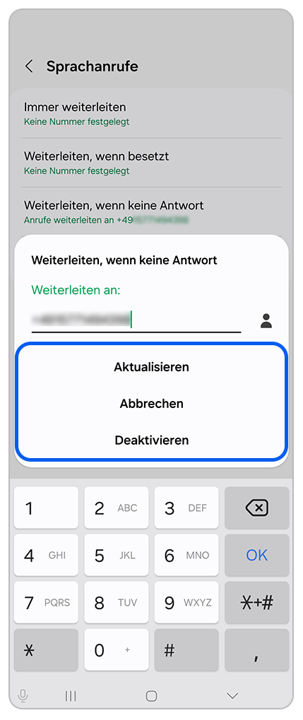 Möglichkeiten Rufumleitungen zu überarbeiten mit Markierung auf Aktivieren, Abbrechen und Deaktivieren