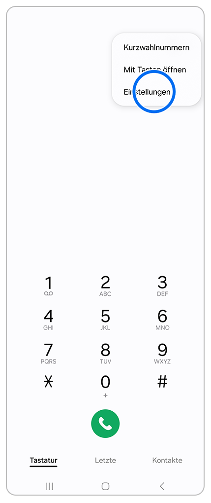 Telefon App mit Markierung auf Einstellungen