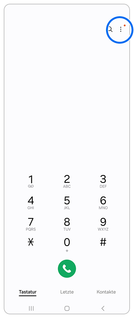 Telefon App mit Markierung oben rechts auf die drei Punkte