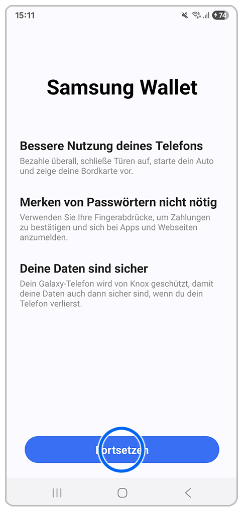 Galaxy Smartphone Samsung Pass mit Markierung auf Fortsetzen.