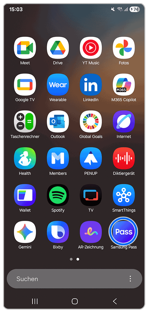 Galaxy Smartphone App-Bildschirm mit Markierung auf Samsung Pass.