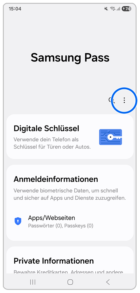 Galaxy Smartphone Samsung Pass mit Markierung auf das Weitere Optionen-Symbol.