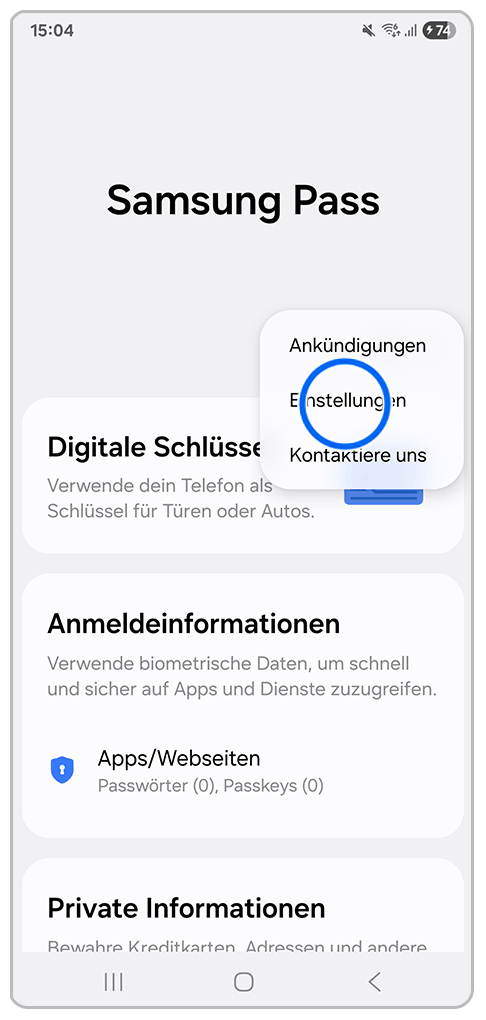 Galaxy Smartphone Samsung Pass mit Markierung auf Einstellungen.