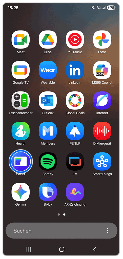 Galaxy Smartphone App-Bildschirm mit Markierung auf Samsung Wallet-Symbol