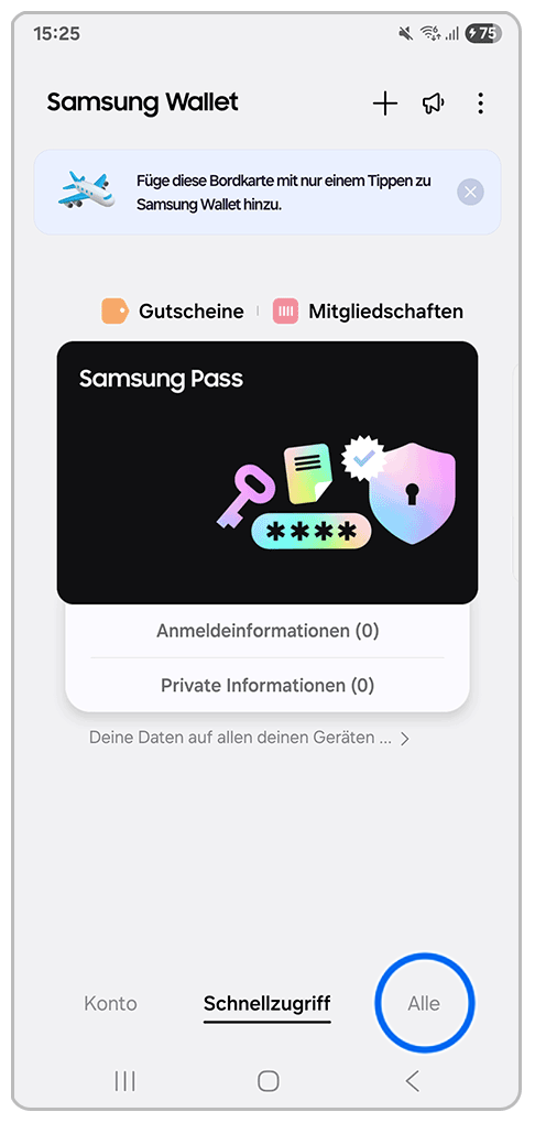 Galaxy Smartphone Samsung Wallet mit Markierung auf Alle.